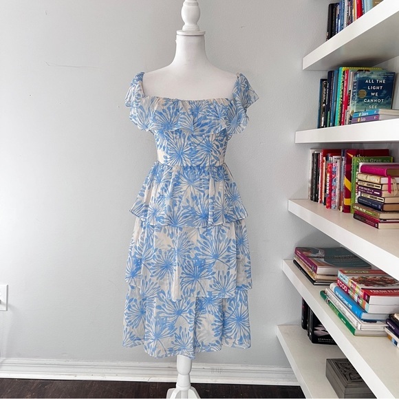 Amanda Uprichard Venezia blue & cream off shoulder midi dress size XS - Picture 9 of 13